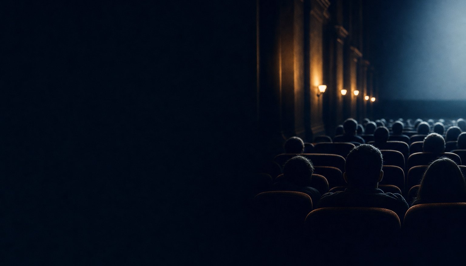 A darkened cinema auditorium seen from the back row, the audience in silhouette against the screen light.