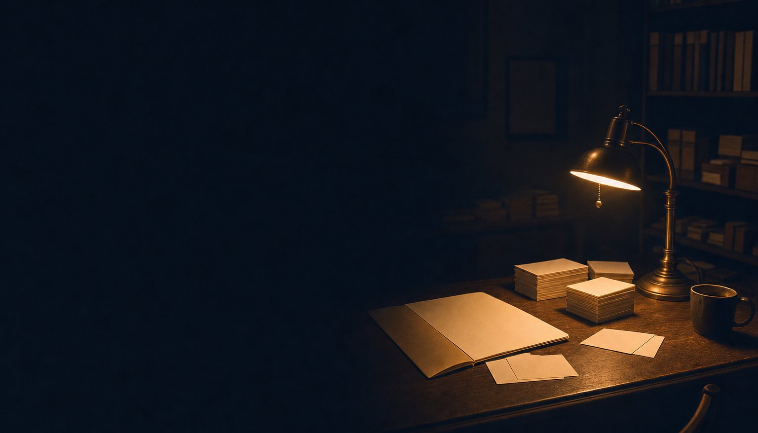 A research desk at night under a single lamp, stacked with folders and loose paper.