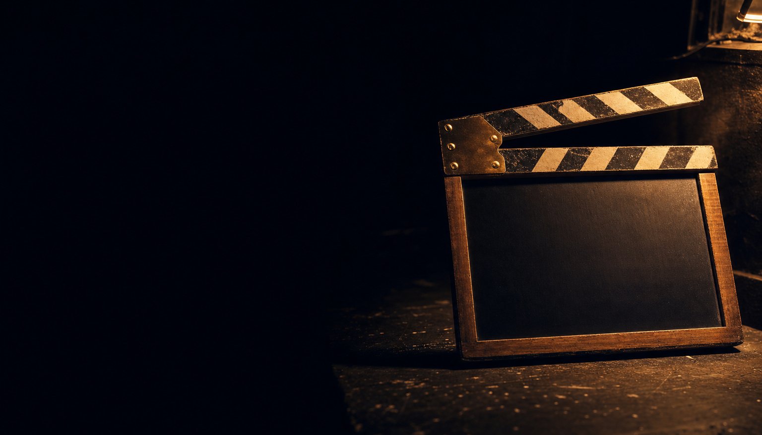 A film slate lying on a workbench under a raking tungsten light, its writing surface wiped blank.